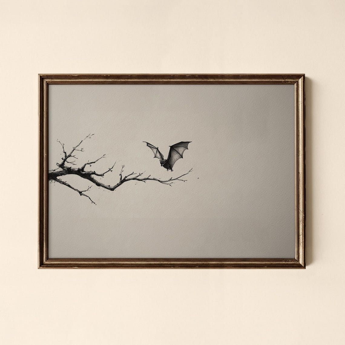 Halloween Bat Minimalist Poster Ink Branch Night Spooky Sketch Art