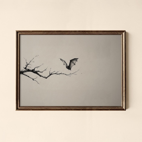 Halloween Bat Minimalist Poster Ink Branch Night Spooky Sketch Art