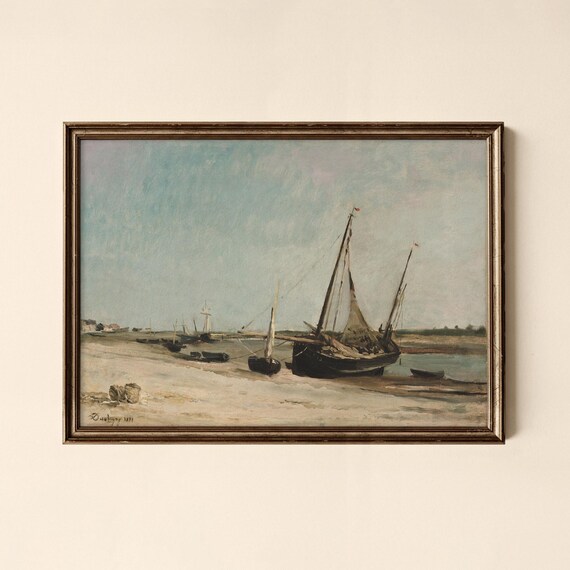 Vintage Beached Sailboats Coastal Scene 1891 Daubigny Classic Art Wall Poster