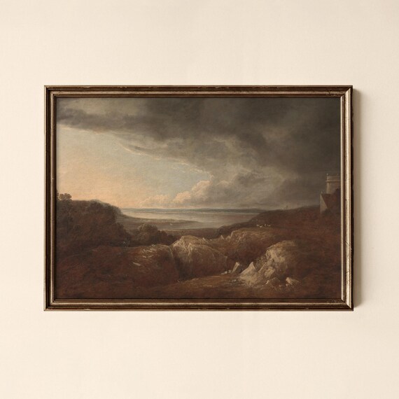 Moody Coastal Cliffs Under Stormy Sky Vintage Landscape Poster