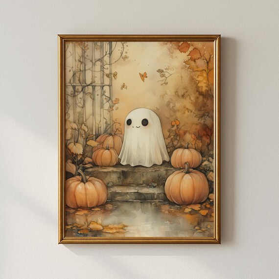 Cute Halloween Ghost Among Autumn Pumpkins Watercolor Poster