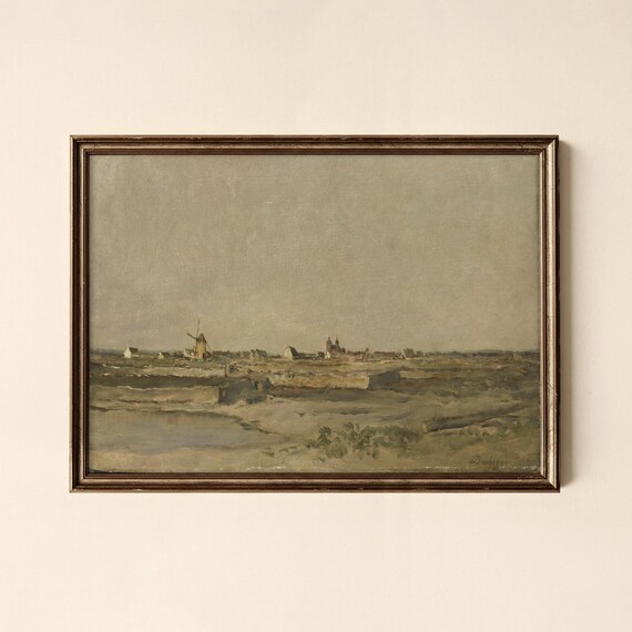 Vintage Coastal Windmill Village Landscape Oil Painting Poster