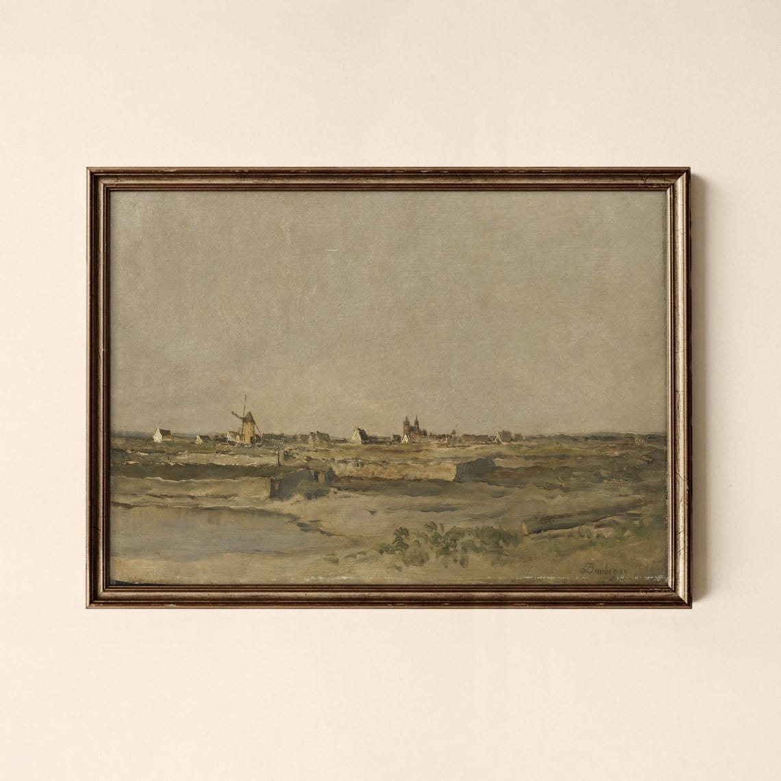 Vintage Coastal Windmill Village Landscape Oil Painting Poster