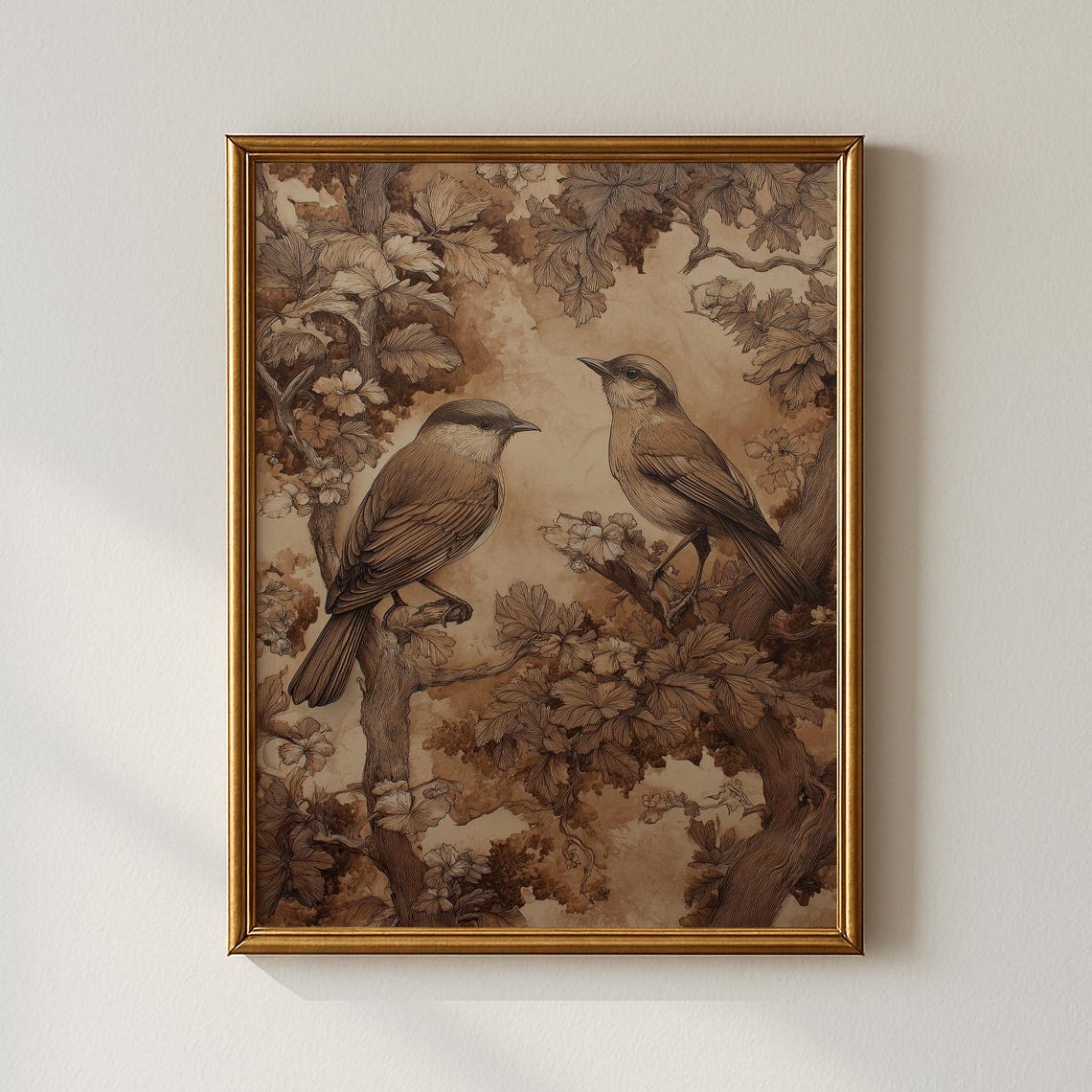 Two Birds On Branches Sepia Vintage Autumn Nature Art Poster
