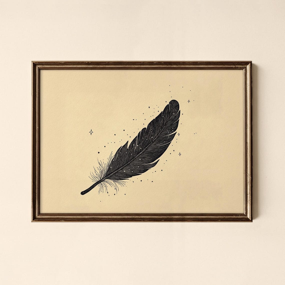 Minimalist Black Feather Ink Sketch on Cream Neutral Art Poster
