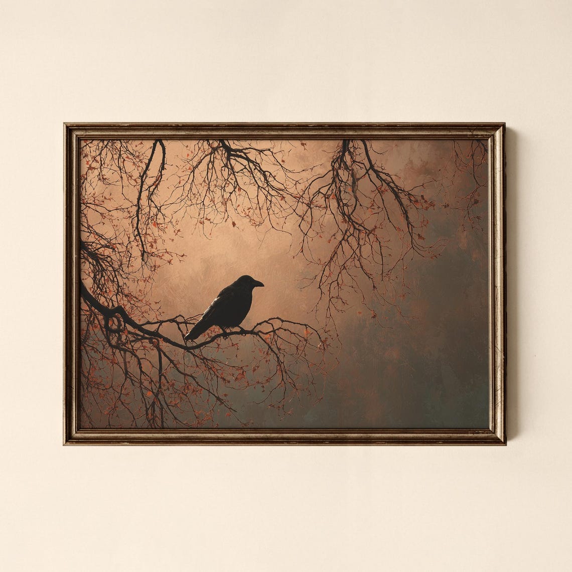Black Crow Perched on a Bare Autumn Branch Moody Halloween Art Poster