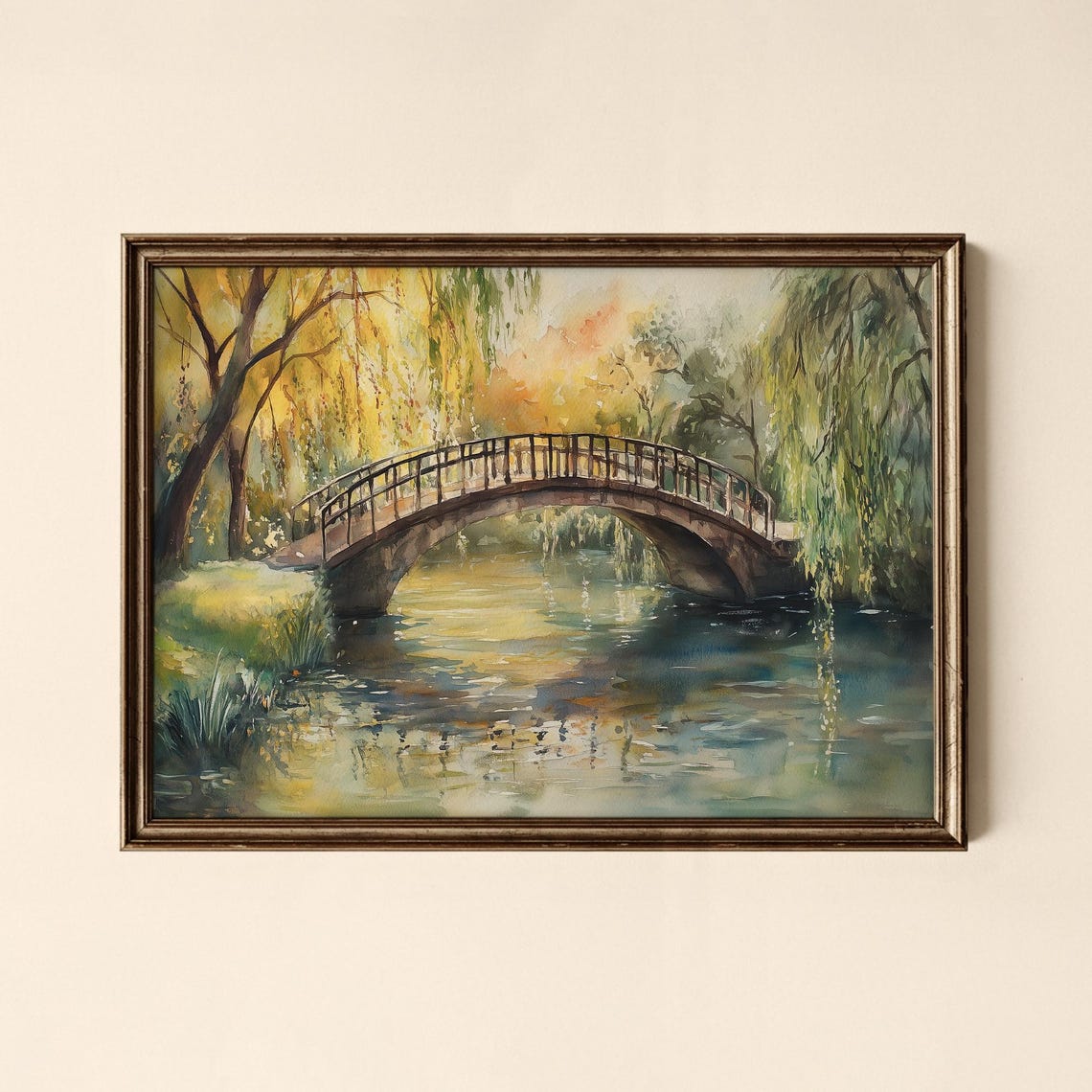 Autumn Stone Bridge over River Watercolor Weeping Willows Poster