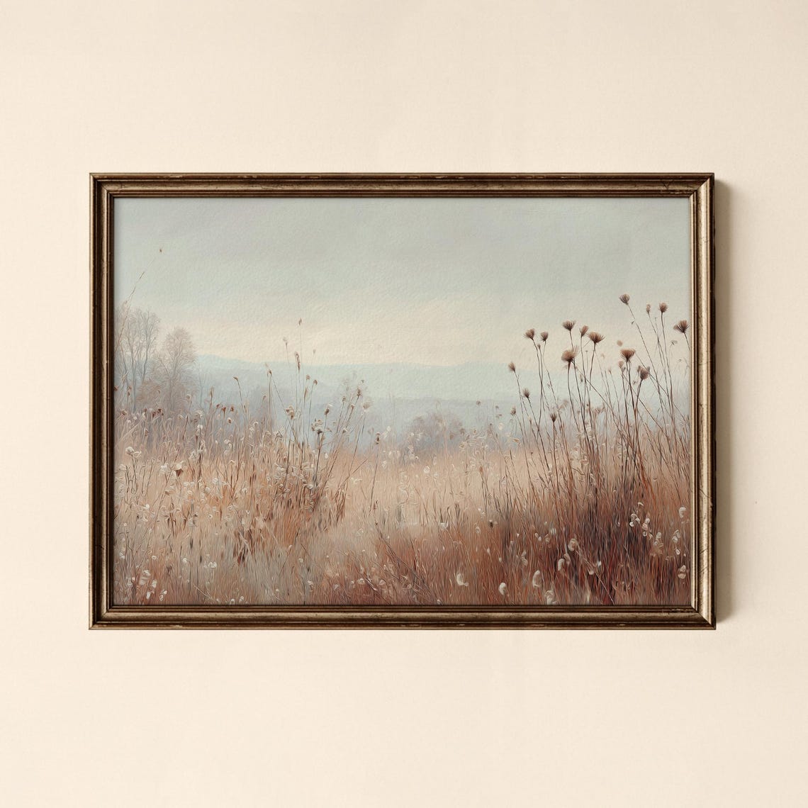 Misty Autumn Meadow Vintage Landscape Print Wild Grasses Field