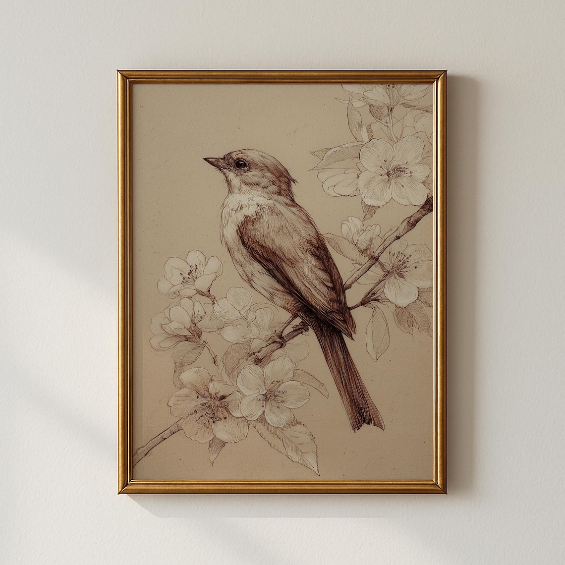 Vintage Bird Sketch Print with Songbird Perched on Blossom Branch