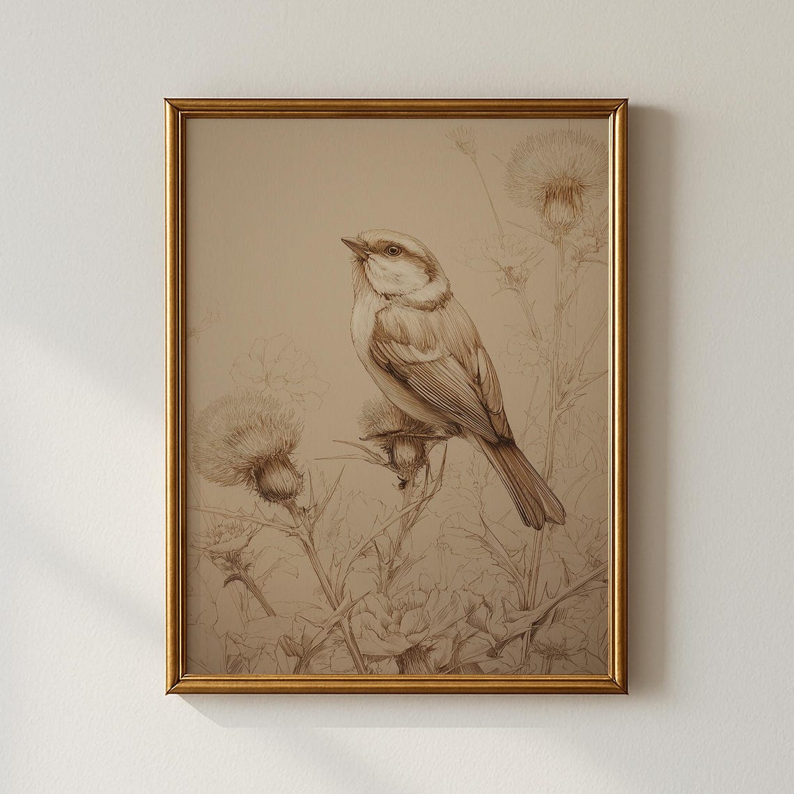 Vintage Songbird on Thistles Sepia Sketch Nature Bird Poster
