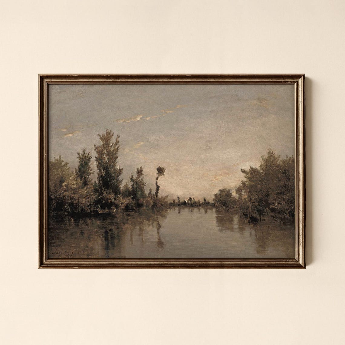 Still River Reflections Tall Trees Vintage Landscape Painting Poster