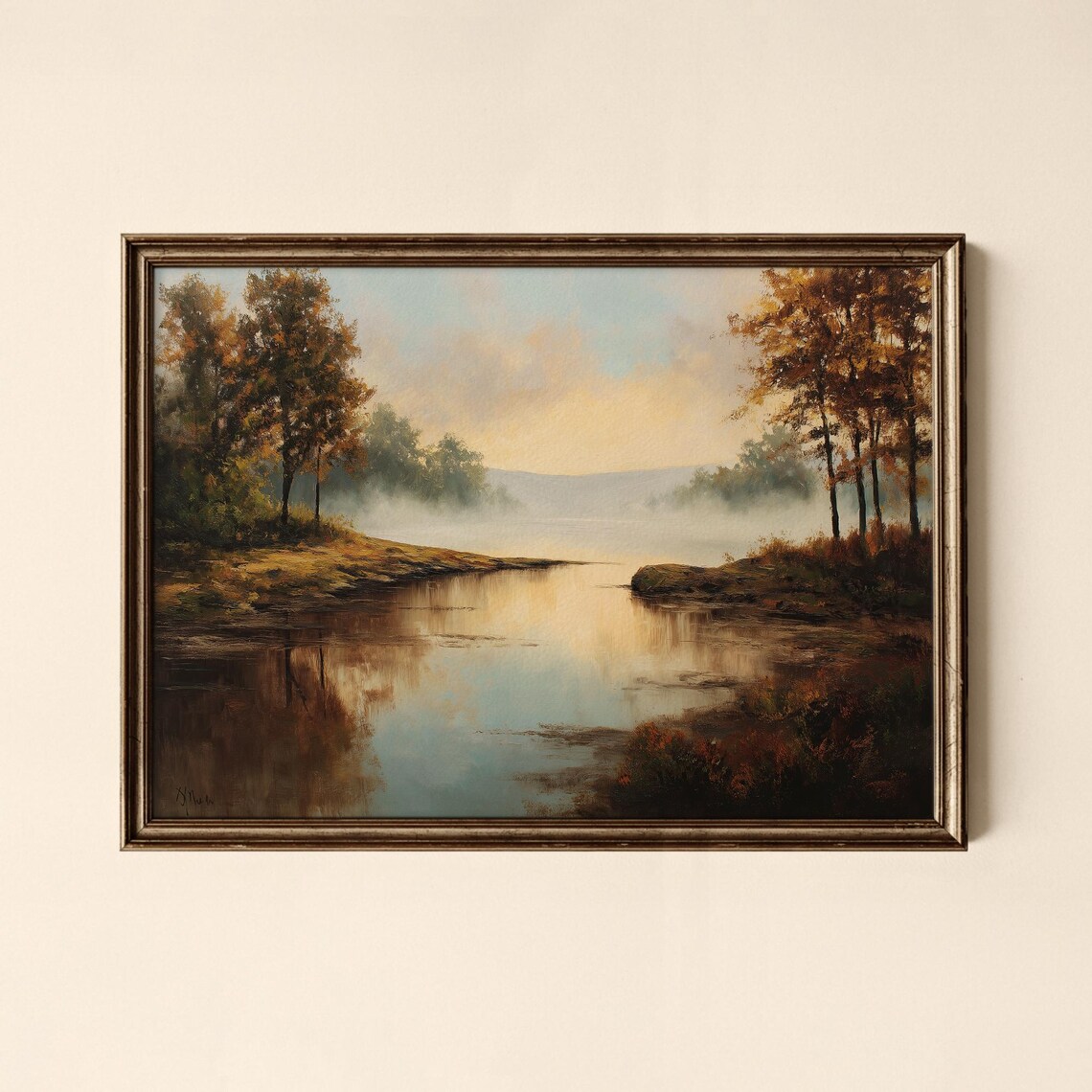 Vintage Autumn River Landscape Misty Morning Oil Painting Nature Poster