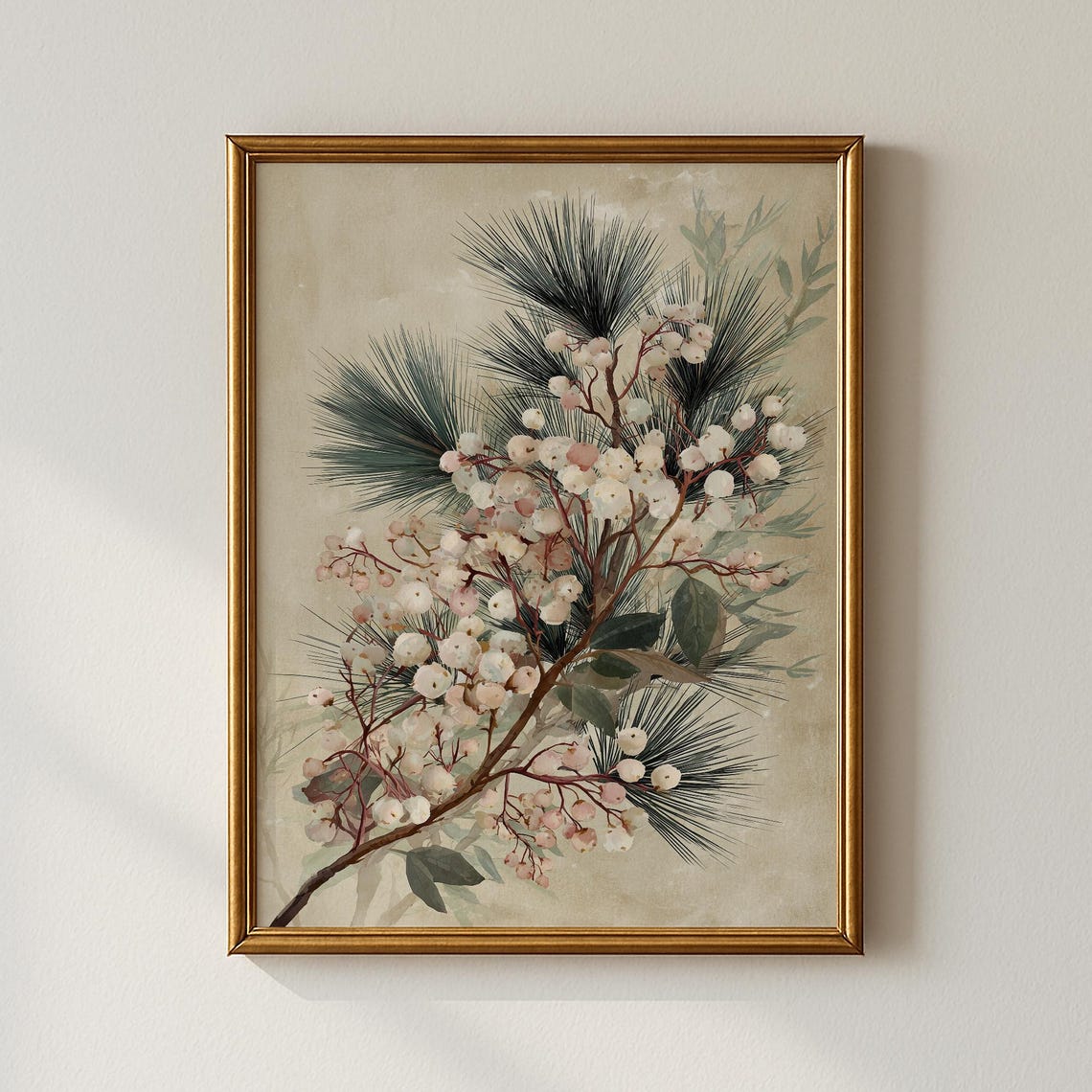 Winter White Berries Pine Branches Vintage Botanical Art Poster