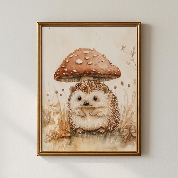 Cute Hedgehog Under Mushroom Watercolor Woodland Animal Art Poster