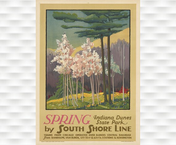 Spring Indiana Dunes State Park South Shore Line Vintage Travel Poster