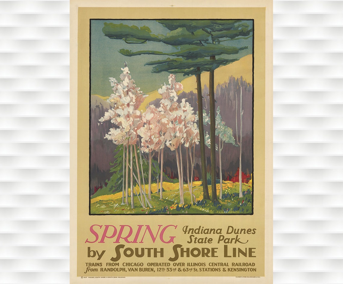 Spring Indiana Dunes State Park South Shore Line Vintage Travel Poster