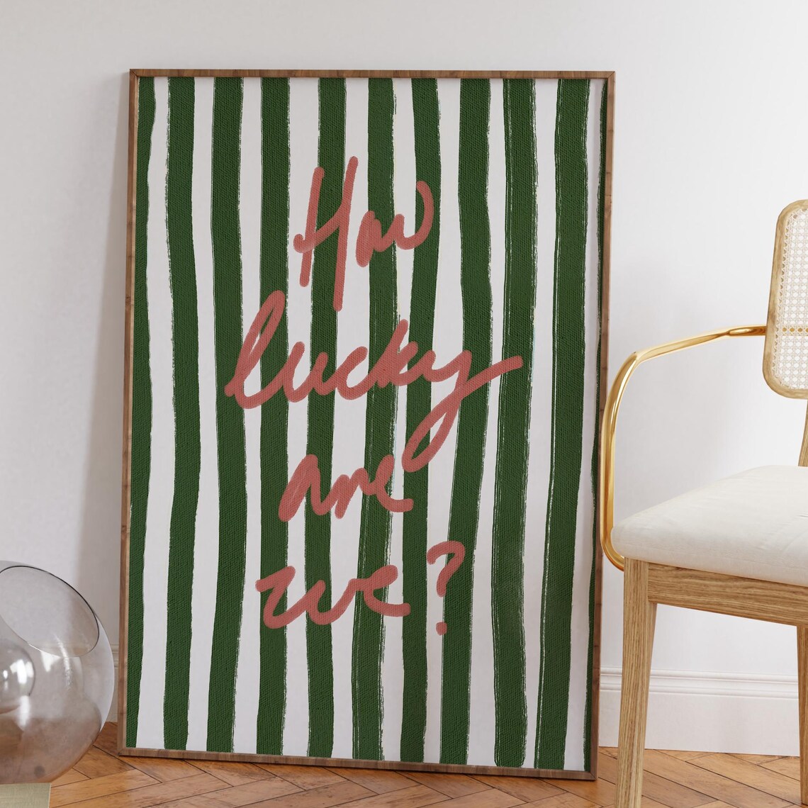 How Lucky Are We Quote Art Print, Pink Green Stripe