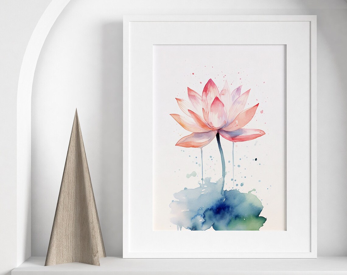 Pink Lotus Watercolor Blossom with Blue Splash Minimalist Floral Art Poster - Image 5