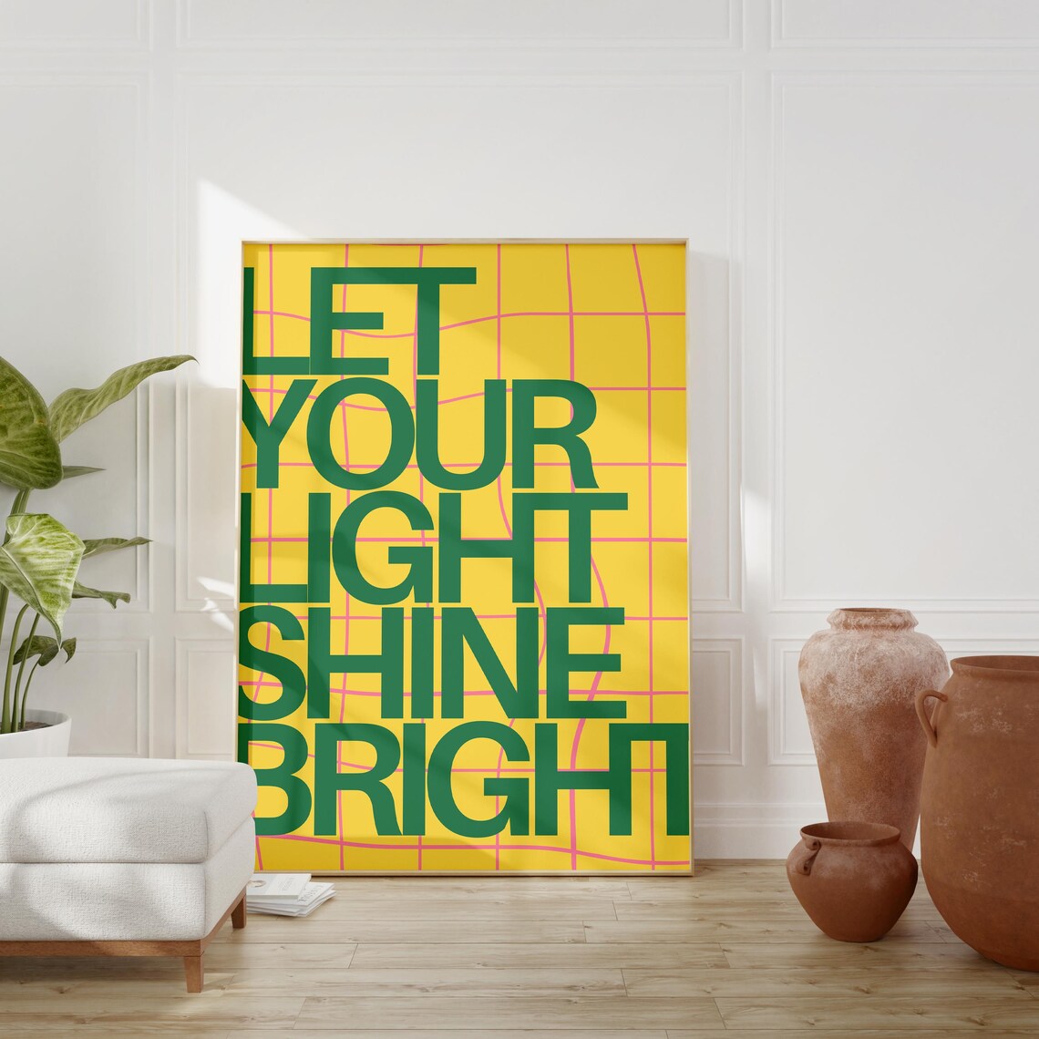Let Your Light Shine Bright Green Yellow Grid Typography Poster