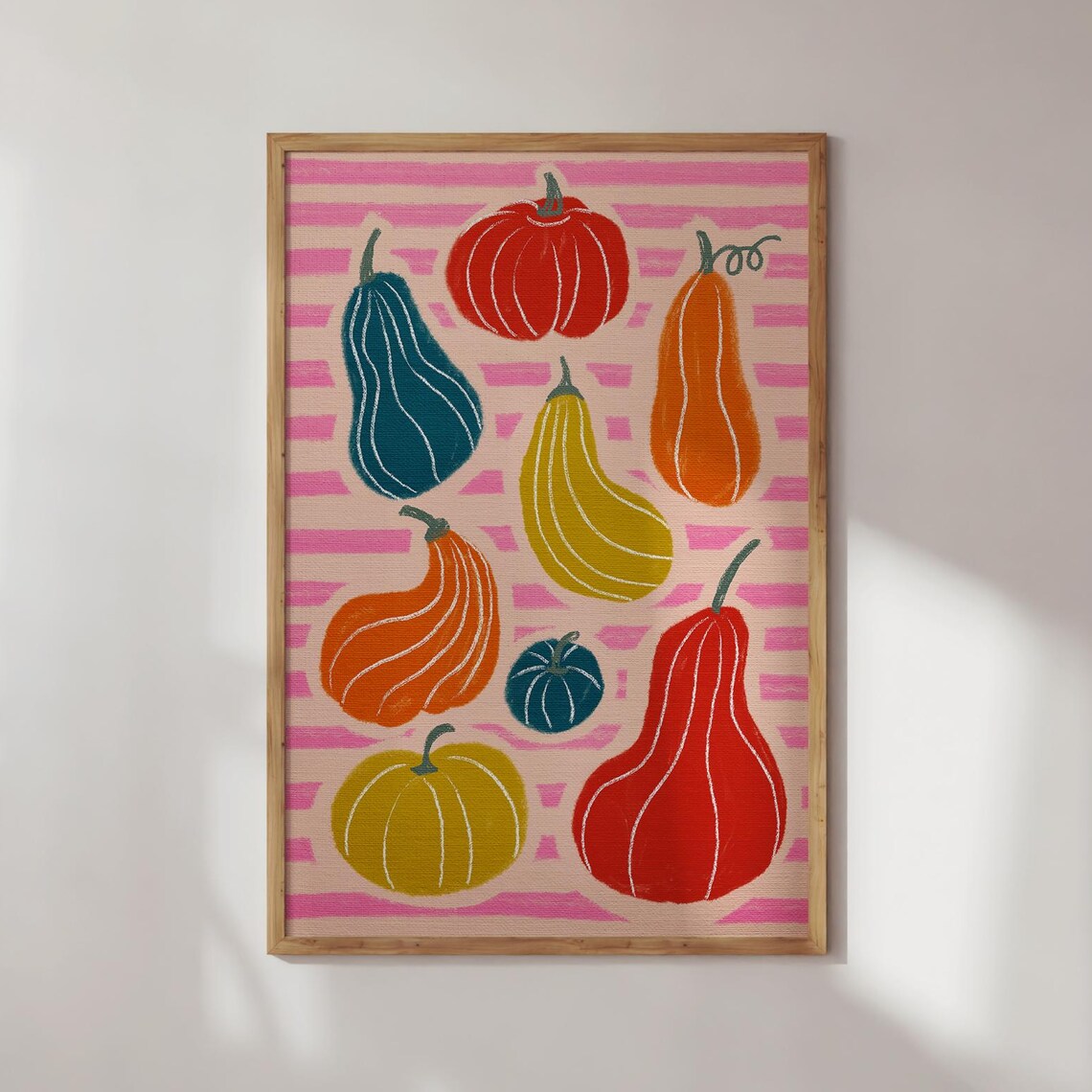 Colorful Pumpkin Gourd Striped Pink Pattern Fall Thanksgiving Wall Art