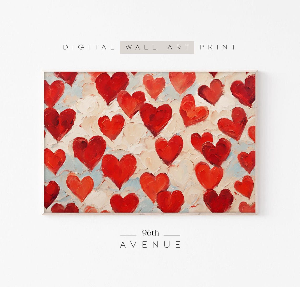 Red Hearts Repeat Pattern Cream Pale Blue Valentine Love Art Print