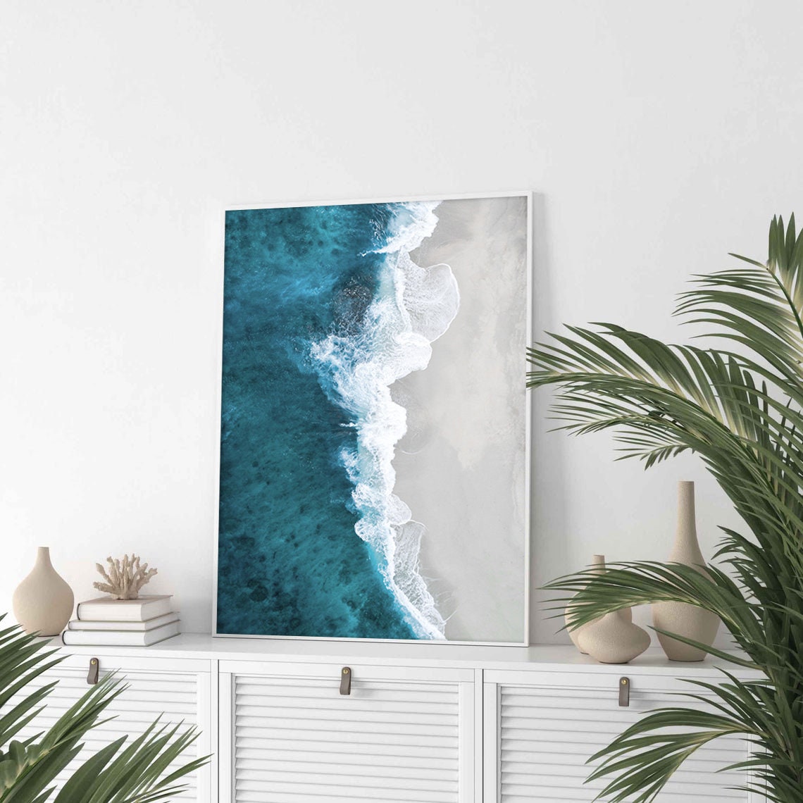 Aerial Turquoise Waves Breaking on Sandy Beach Coastal Poster - Image 2