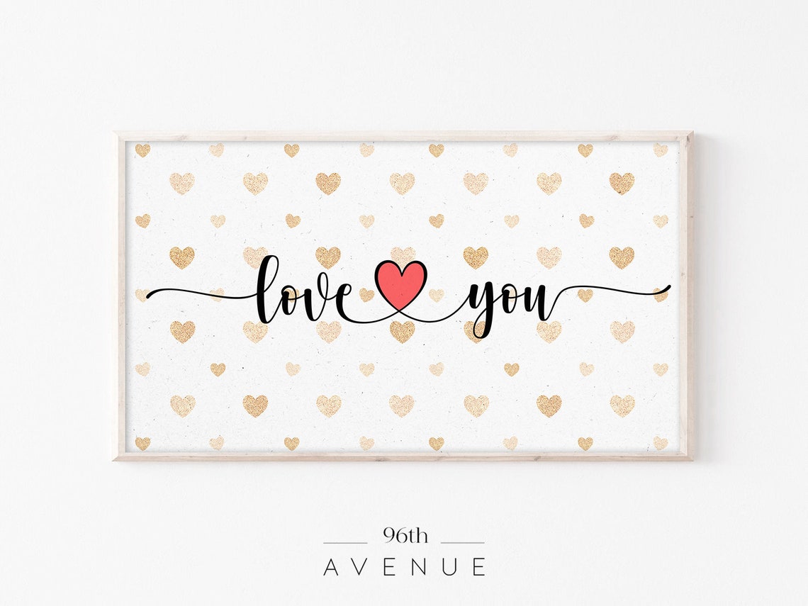 Love You Script With Red Heart Gold Hearts Valentine Wall Art