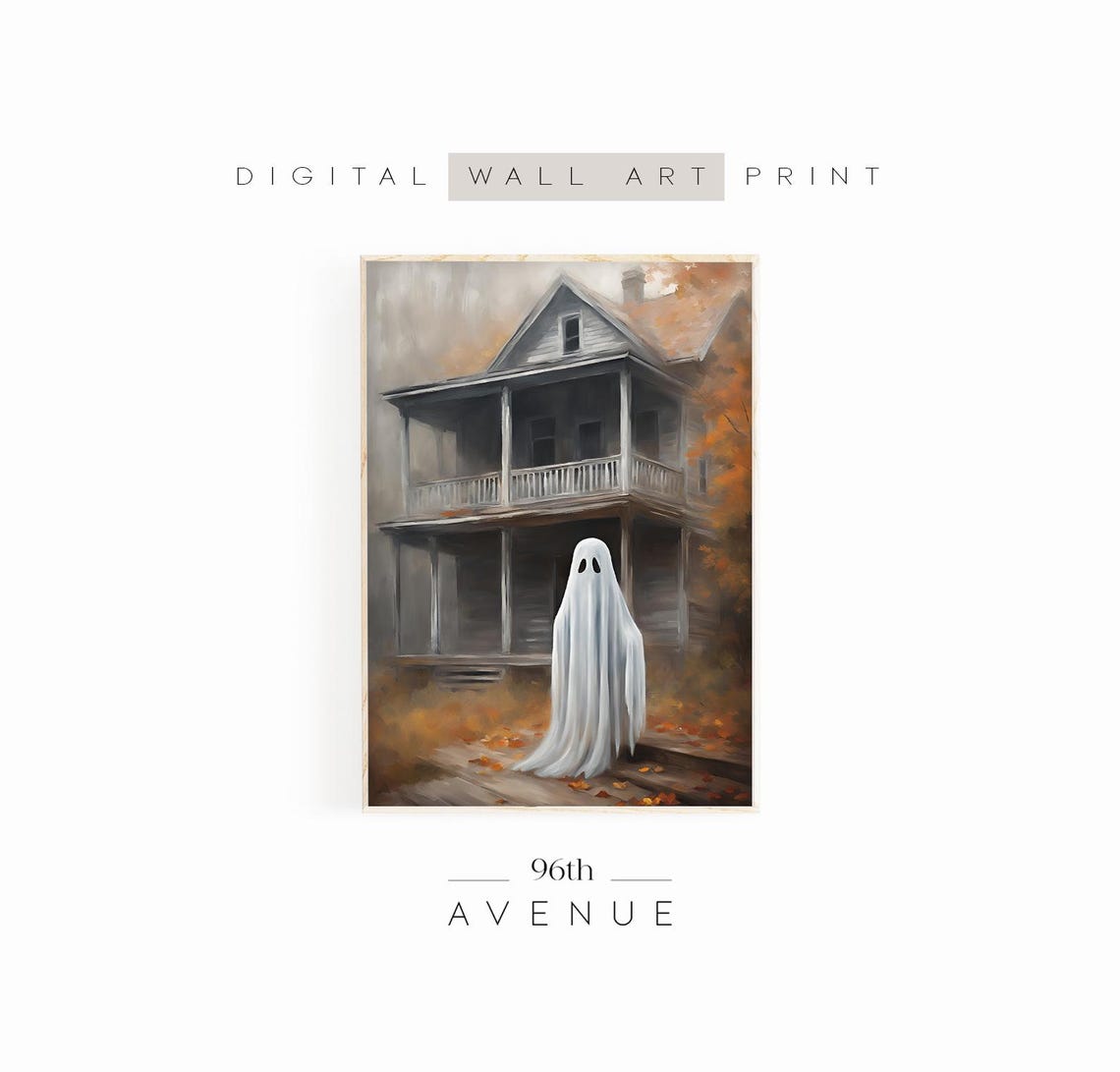 Ghost Before Old Haunted House with Porch Cute Halloween Wall Art