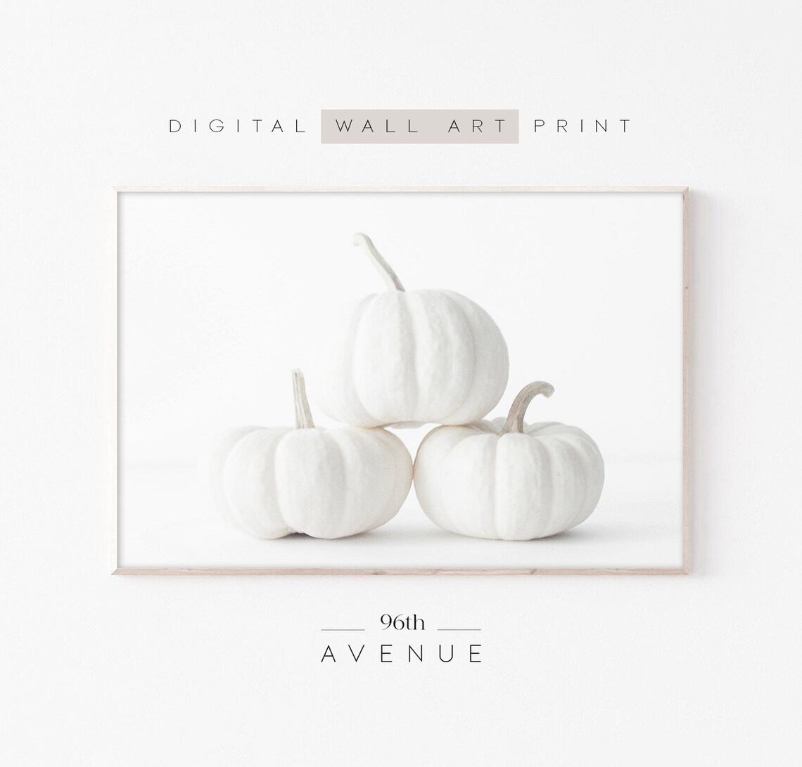 White Pumpkin Print, Neutral Autumn Decor