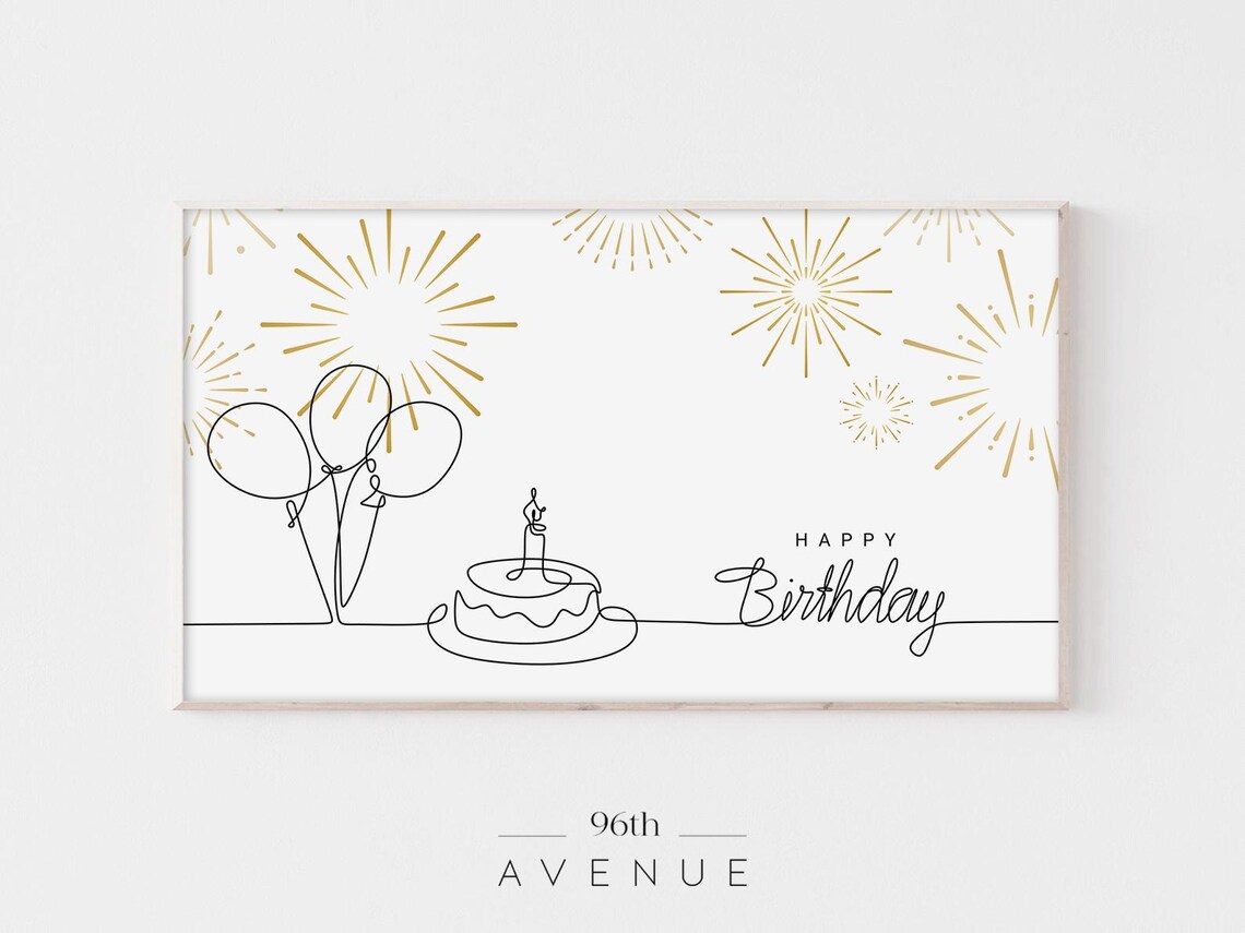 Minimalist Line Art Birthday Cake Balloons Gold Sparkle Poster