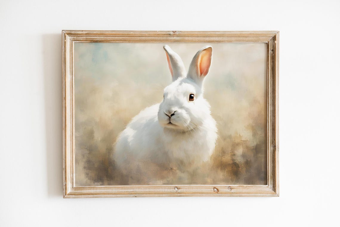 Cute Easter Bunny Painting Spring Decor Cottagecore Wall Art Vintage Rabbit Painting Print 1156 - Image 3