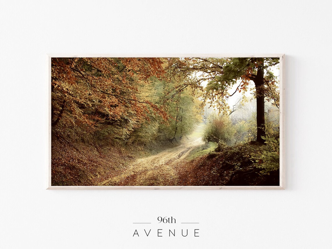 Autumn Forest Path Golden Leaves Misty Woodland Trail Road Print