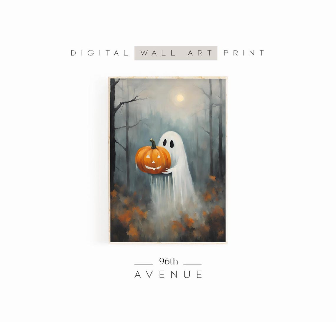 Ghost Holding Jack O Lantern Moonlit Forest Cute Halloween Wall Art