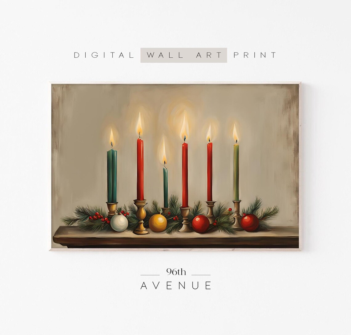 Glowing Candles in Brass Holders with Pine Christmas Mantel Poster