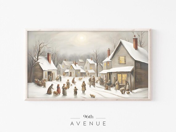 Primitive Folk Art Snowy Village Winter Scene Painting Poster