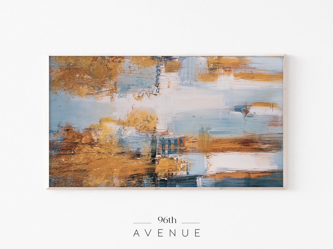 Warm Gold and Pale Blue Abstract Brushstroke Modern Art Poster