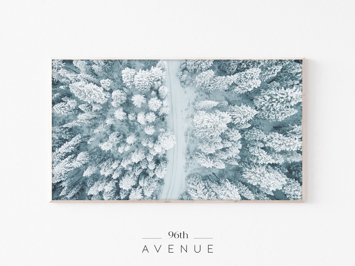 Top Down Aerial View Snowy Forest Winding Winter Road Poster