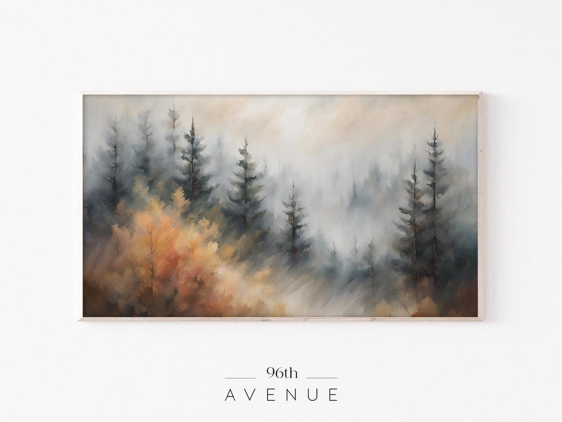 Autumn Forest Painting, Fall Pine Trees