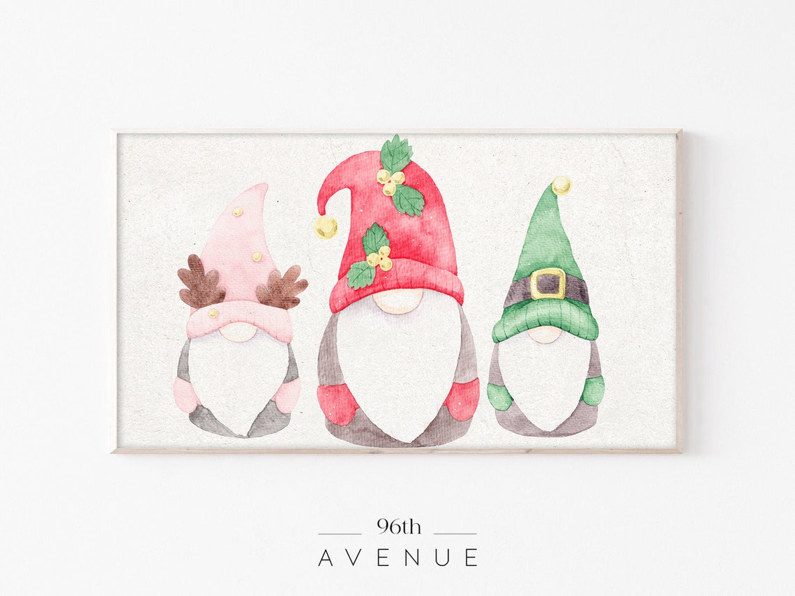 Trio of Watercolor Christmas Gnomes With Festive Hats Poster