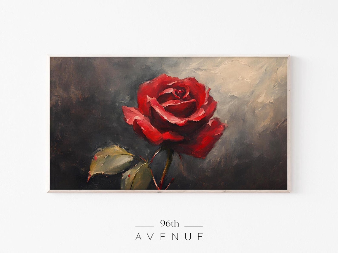 Dark Red Rose Moody Oil Painting On Black Romantic Floral Wall Art