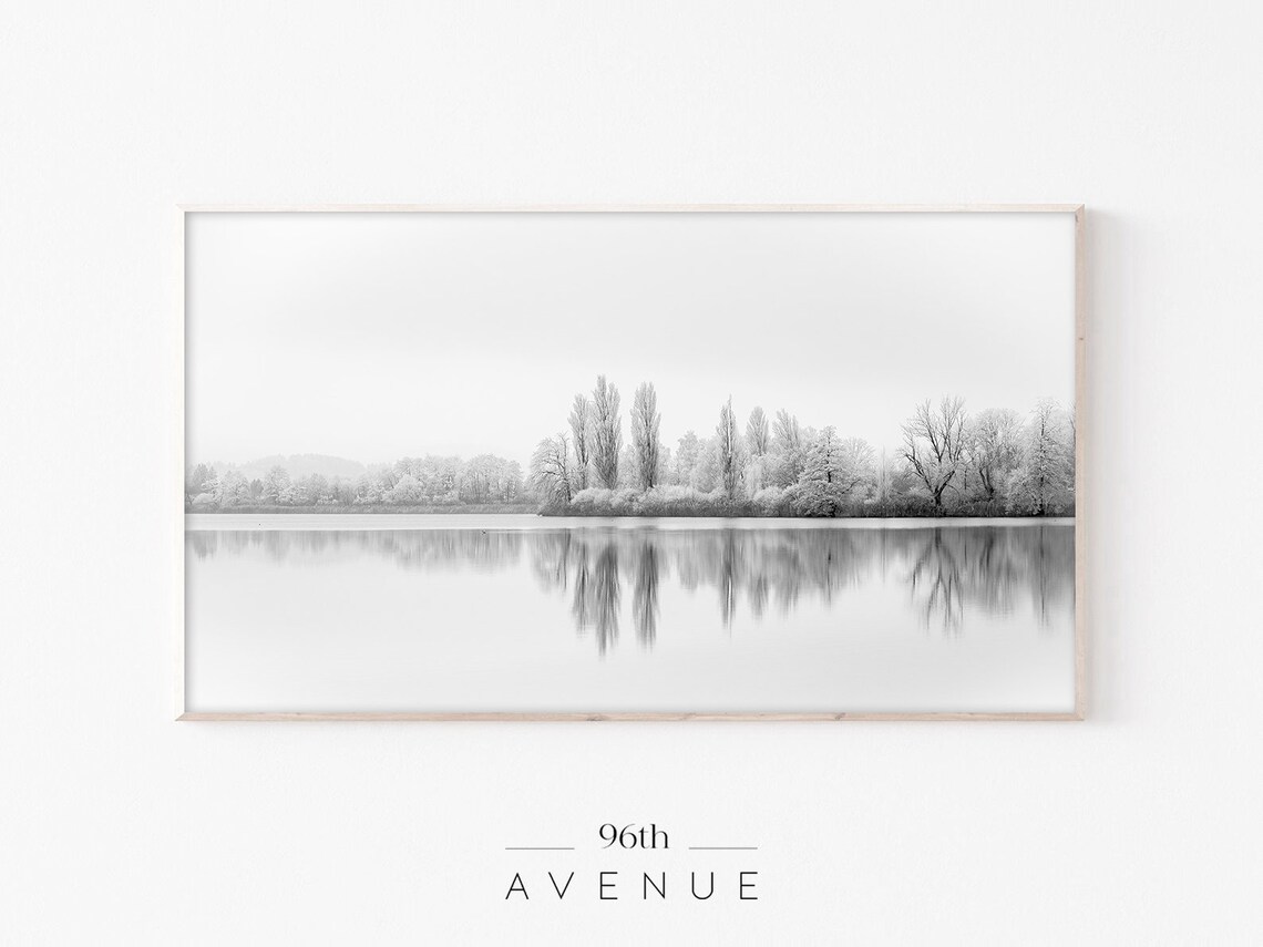 Snowy Lake with Trees Reflection Black and White Winter Photography Poster