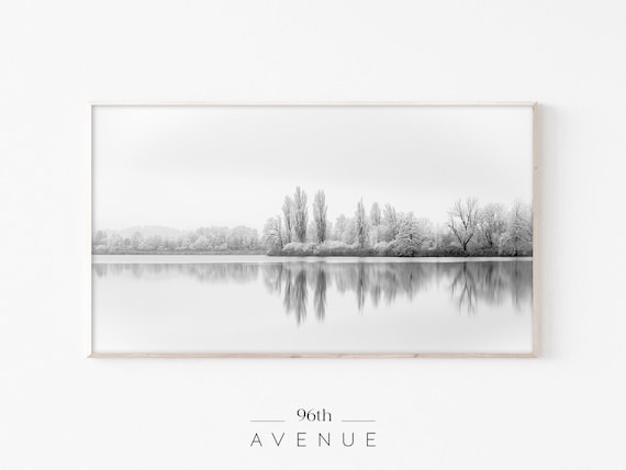 Snowy Lake with Trees Reflection Black and White Winter Photography Poster