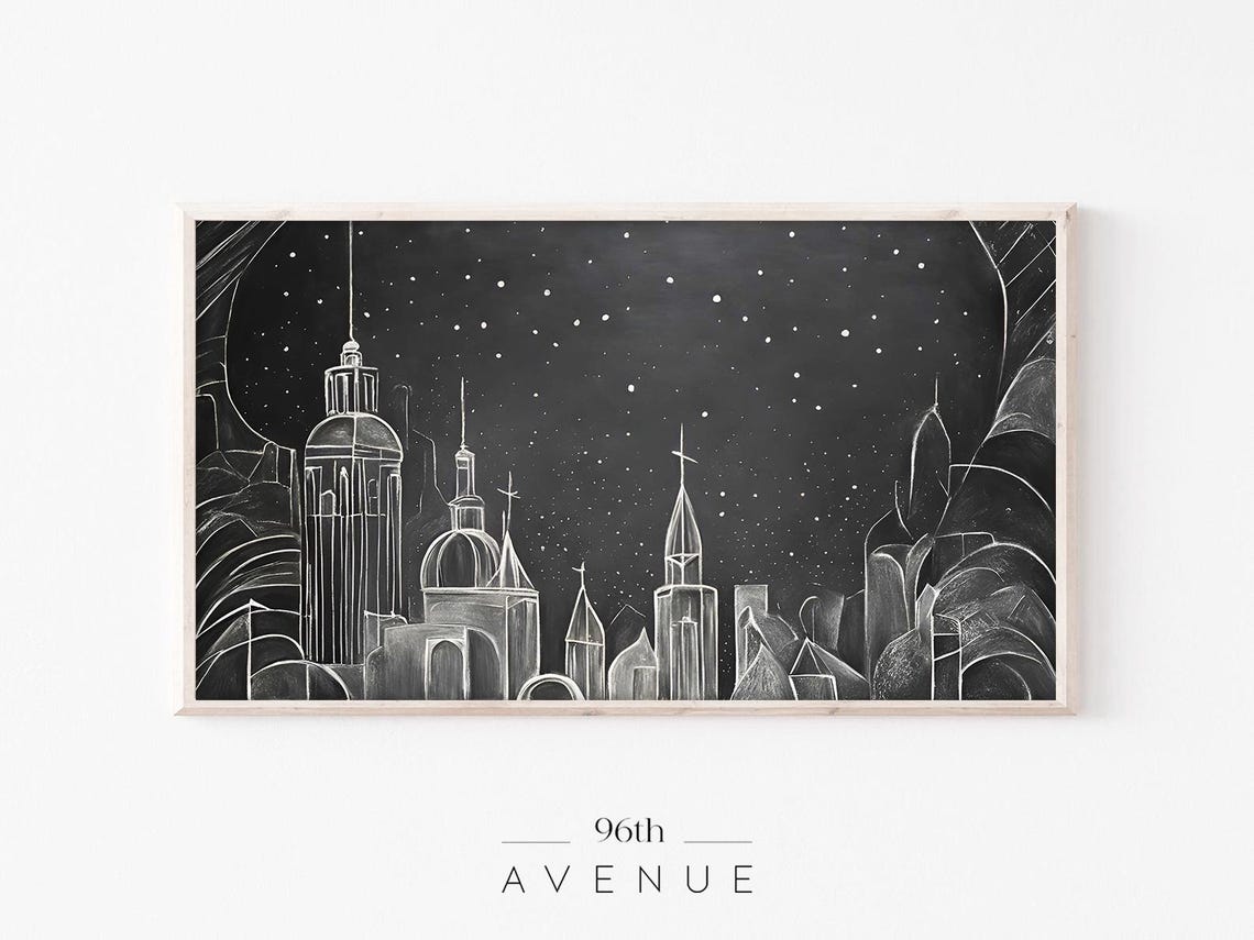Snowy City Skyline at Night White Chalkboard Style Art Poster