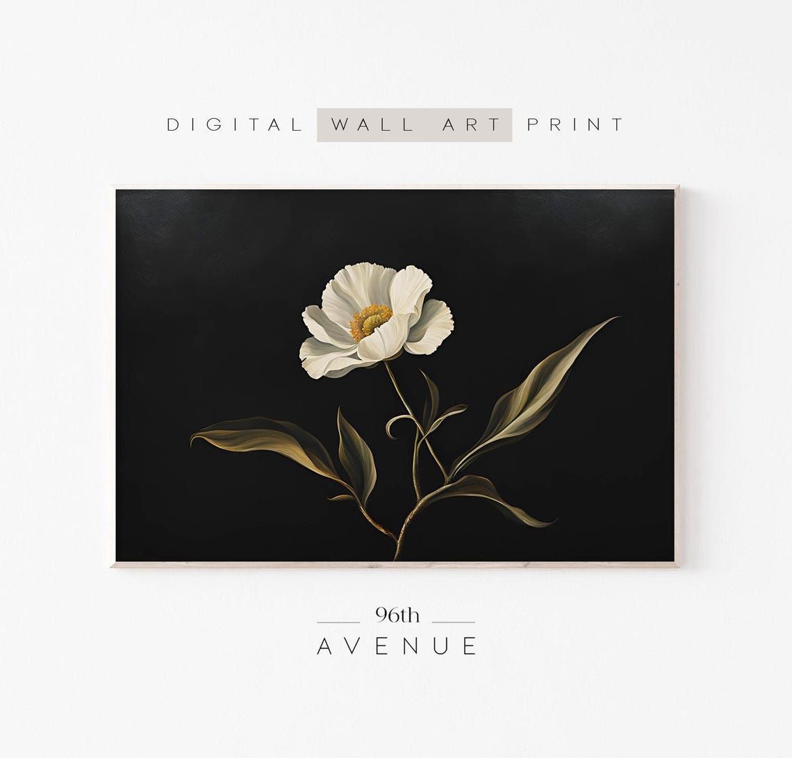 White Flower Black Background Moody Minimalist Botanical Poster