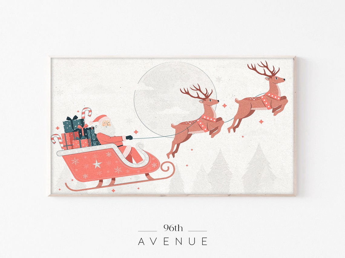 Santa Claus Red Sleigh Flying Reindeer Retro Christmas Poster