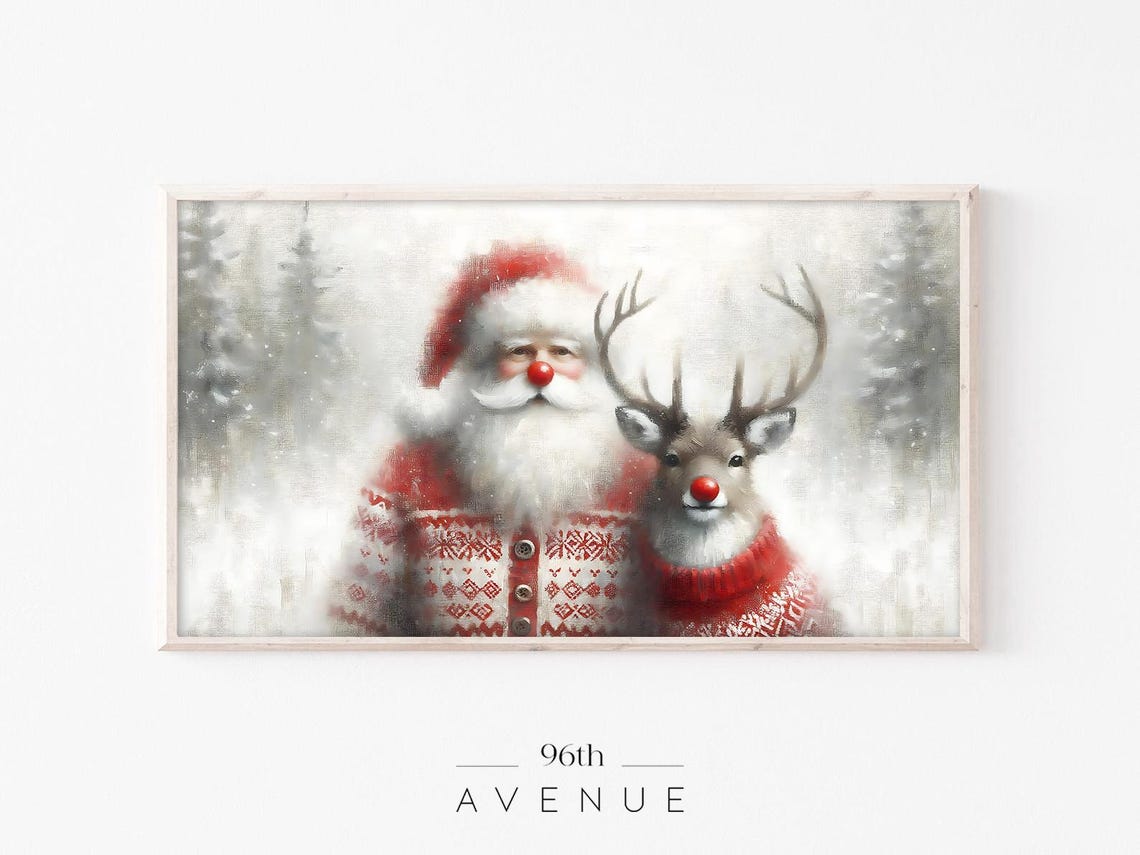 Santa Claus and Reindeer in Sweaters Christmas Holiday Poster