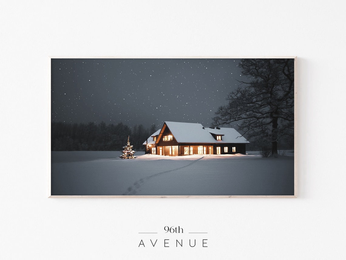Cozy Lit Cabin in Snow Under Starry Night Sky Christmas Poster
