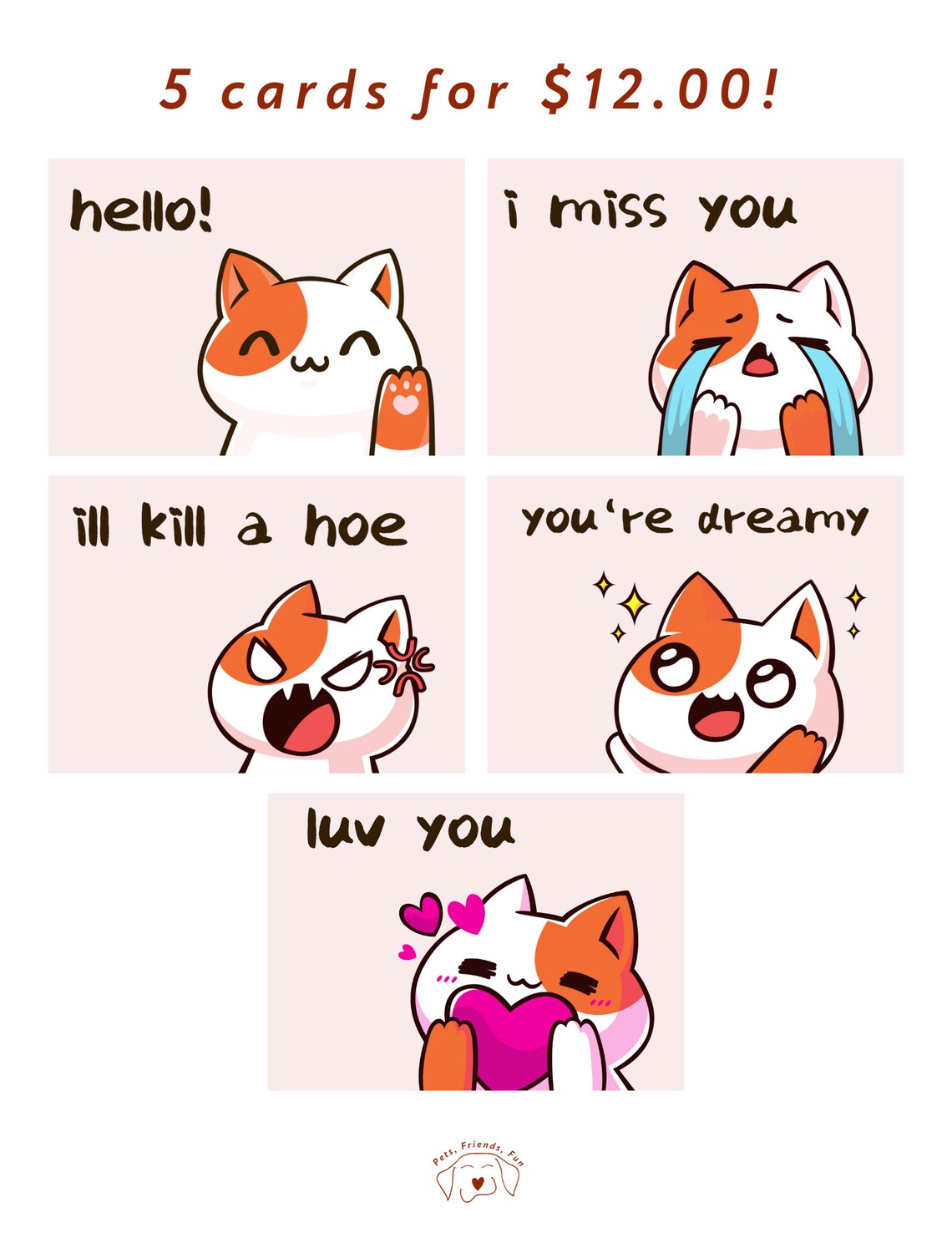 Cute Pink Anime Cat Hello Greeting Cards Five Pack Art Print - Image 2