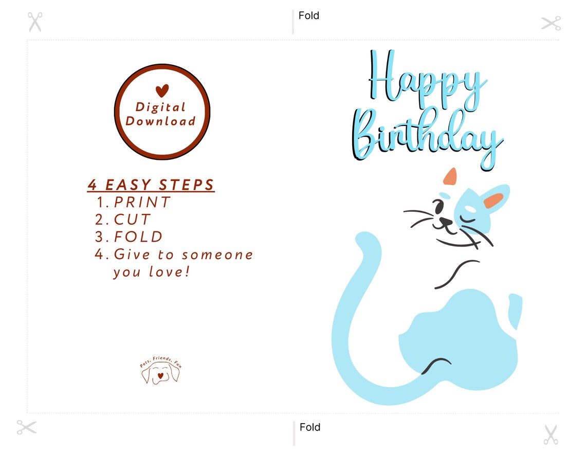 Happy Birthday Cat Card Simple Blue Cartoon Kitty Art Poster - Image 2