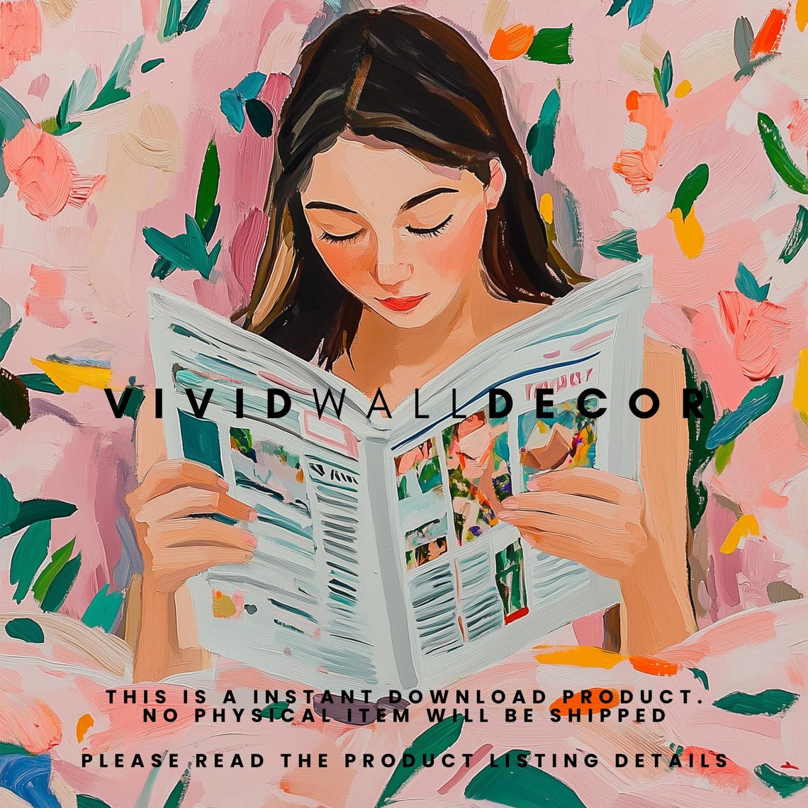 Woman Reading Newspaper in Pink Floral Bed Modern Art Poster - Image 2